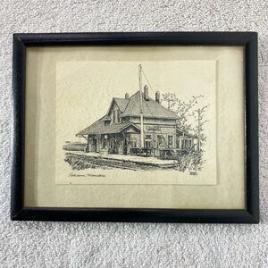 Vintage Oakburn Manitoba Framed Black and White Train Station Sketch